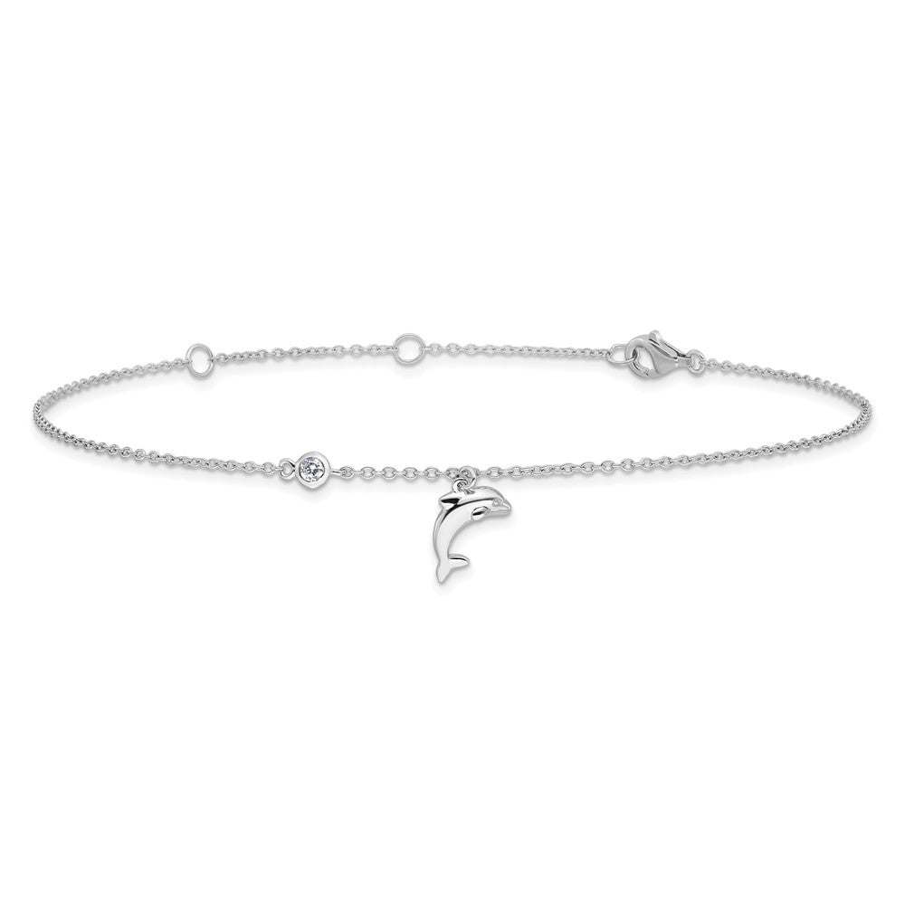 Sterling Silver Rhodium-plated Polished CZ Dolphin 9 +2in Anklet