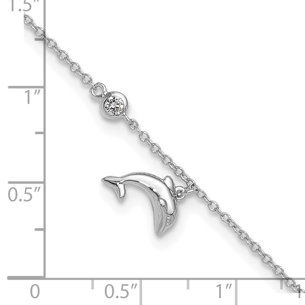 Sterling Silver Rhodium-plated Polished CZ Dolphin 9 +2in Anklet