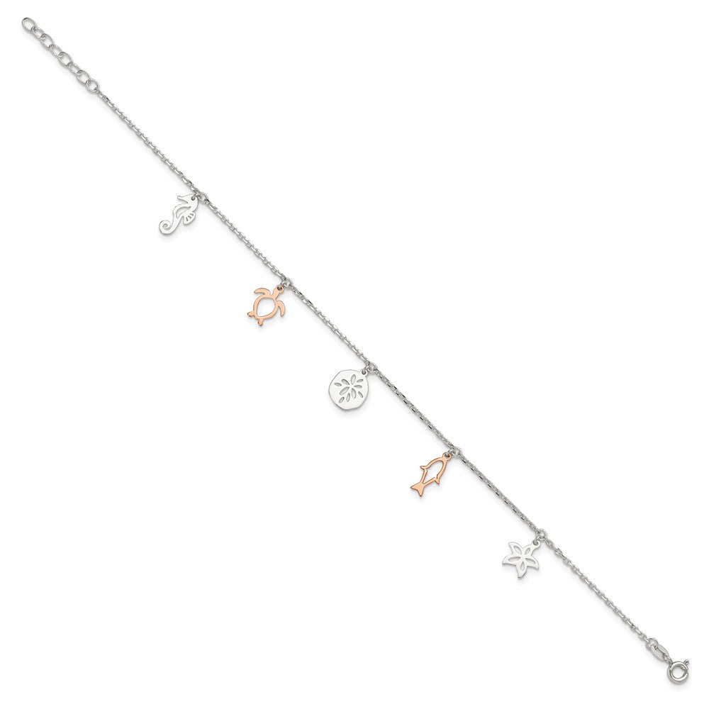 Sterling Silver Rose-tone Seashore Dangles 9in Plus 1in Ext. Anklet