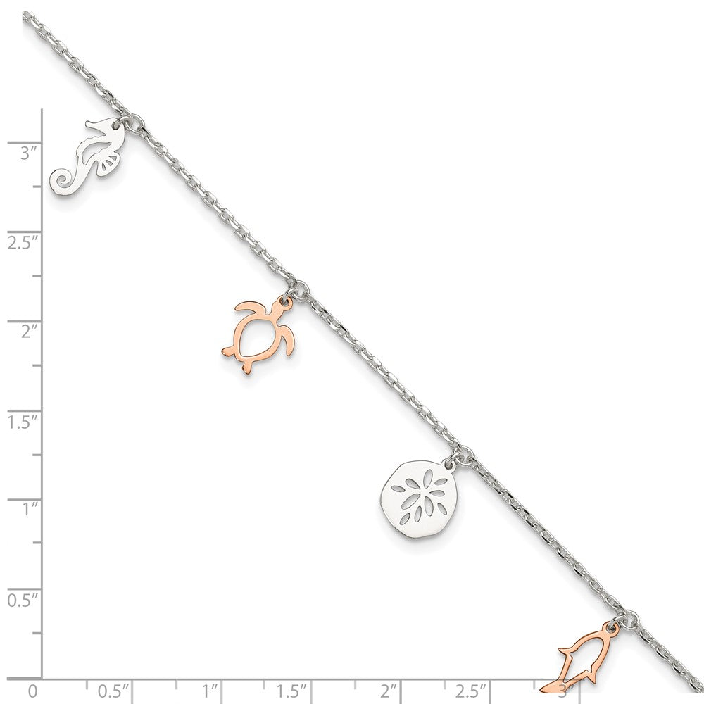 Sterling Silver Rose-tone Seashore Dangles 9in Plus 1in Ext. Anklet
