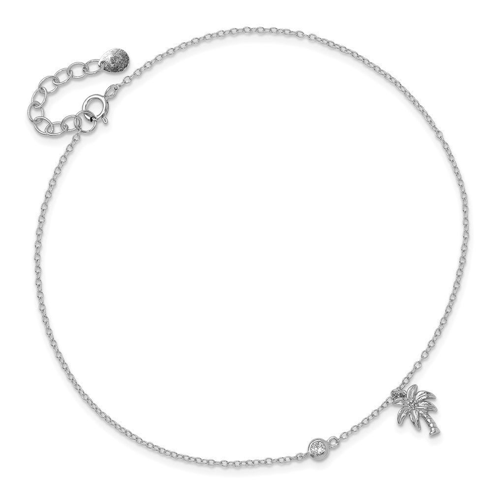 Sterling Silver Rhodium-plated CZ and Palm Tree 9in Plus 1in Ext. Anklet