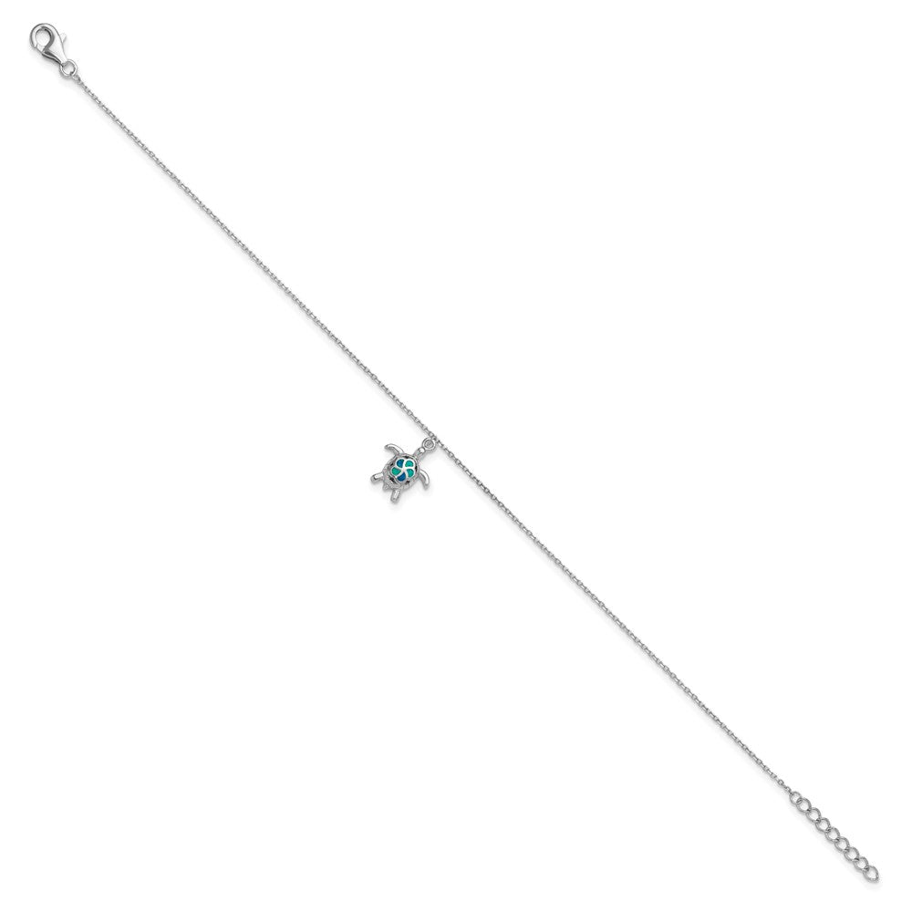 Sterling Silver RH-plated Created Opal Turtle 9in Plus 1in Ext. Anklet
