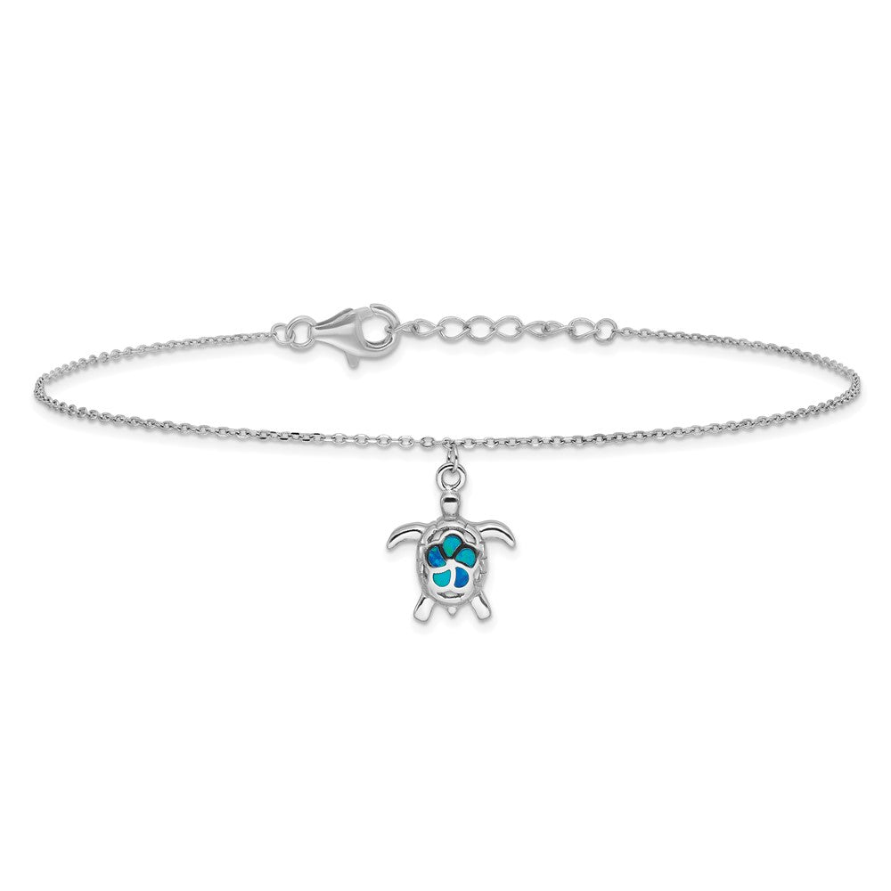 Sterling Silver RH-plated Created Opal Turtle 9in Plus 1in Ext. Anklet