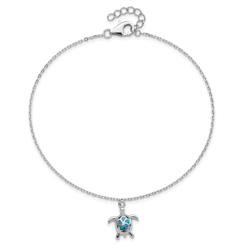 Sterling Silver RH-plated Created Opal Turtle 9in Plus 1in Ext. Anklet