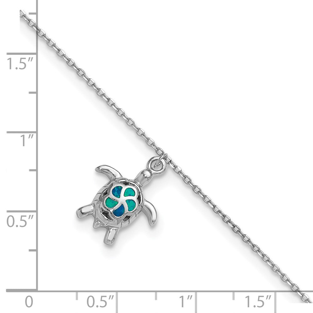 Sterling Silver RH-plated Created Opal Turtle 9in Plus 1in Ext. Anklet