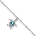 Sterling Silver RH-plated Created Opal Turtle 9in Plus 1in Ext. Anklet