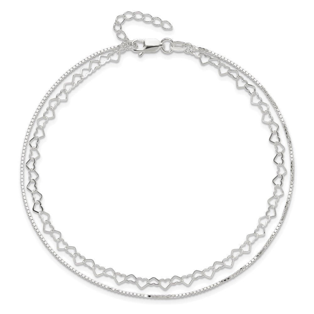 Sterling Silver Polished Double Strand Hearts 9in Plus 1in ext Anklet