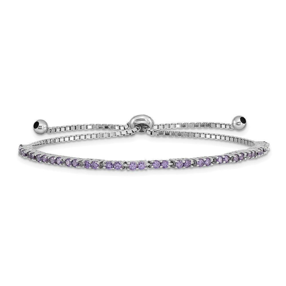 Sterling Silver Rhodium-plated February Purple CZ Adjustable Bracelet