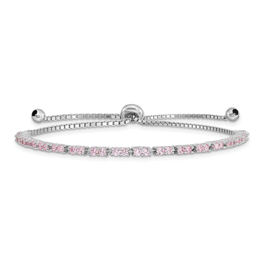 Sterling Silver Rhodium-plated October Pink CZ Adjustable Bracelet