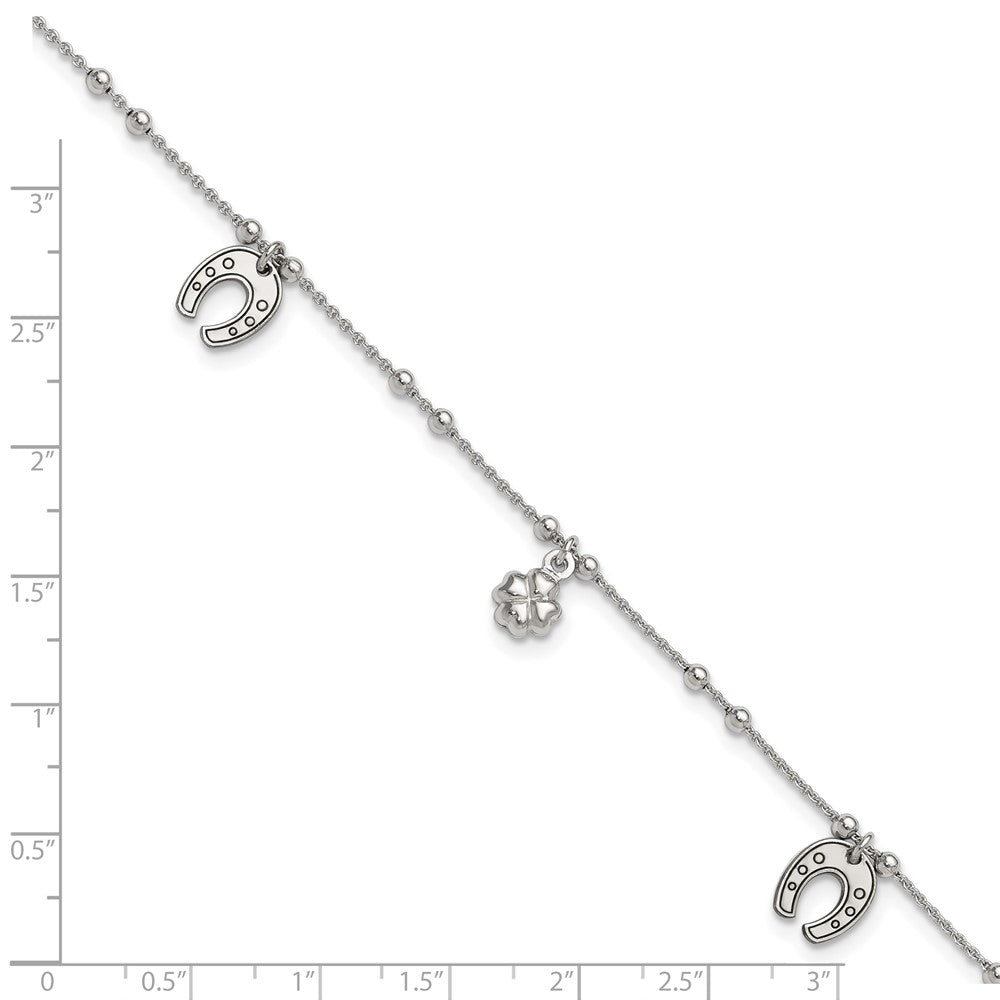 Sterling Silver Rhodium-plated Clover/Horseshoe Dangle 9in w/1in ext Anklet