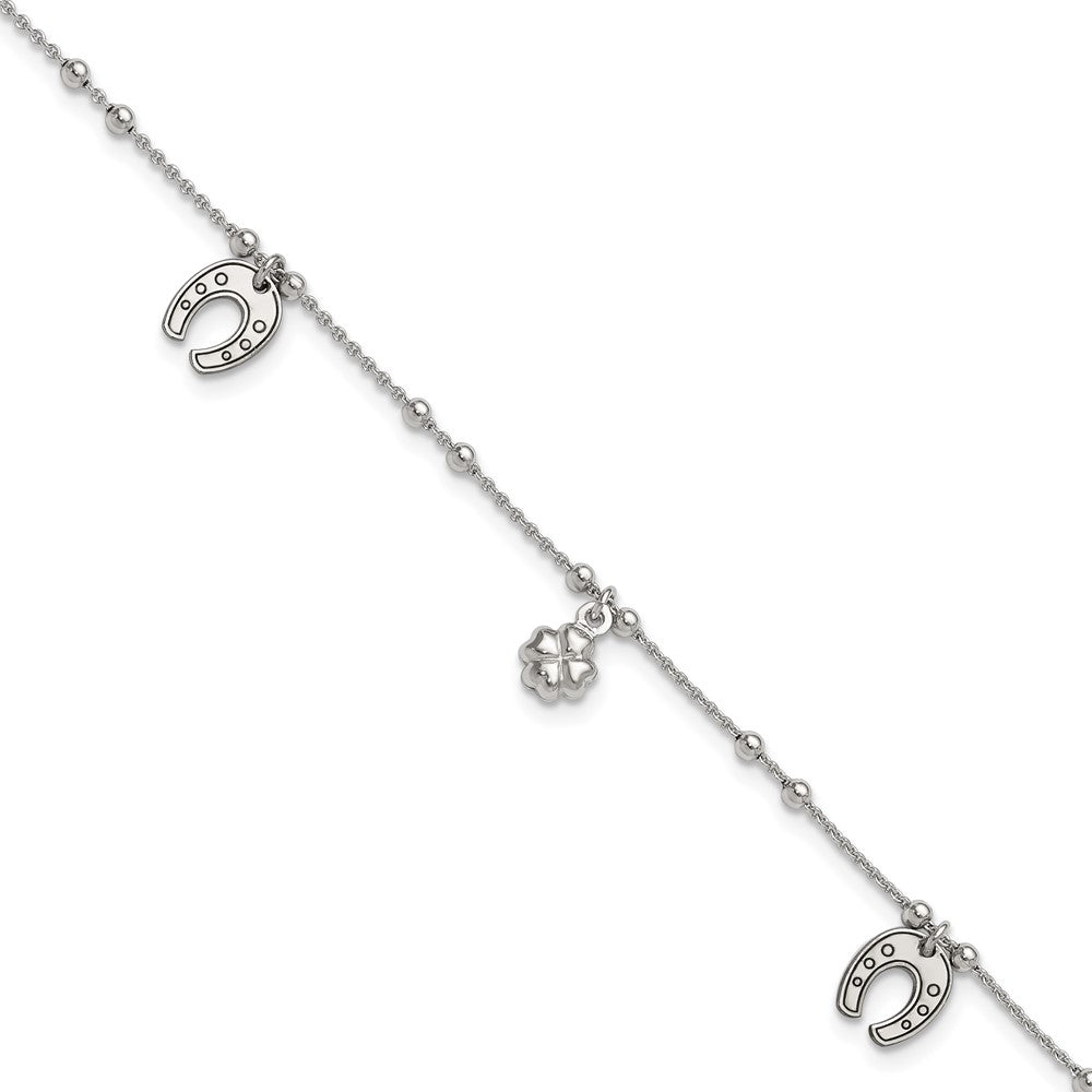 Sterling Silver Rhodium-plated Clover/Horseshoe Dangle 9in w/1in ext Anklet