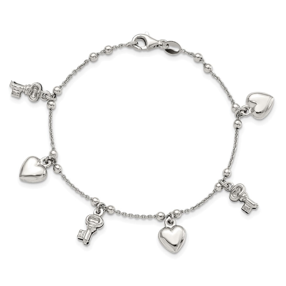 Sterling Silver Rhodium-plated Heart and Key Dangle 6.75in Bracelet