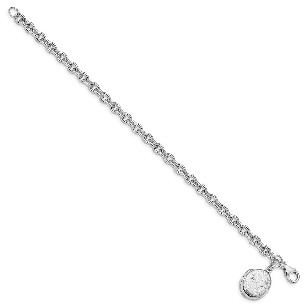 Sterling Silver Rhodium-plated Link with Textured Oval Locket Bracelet