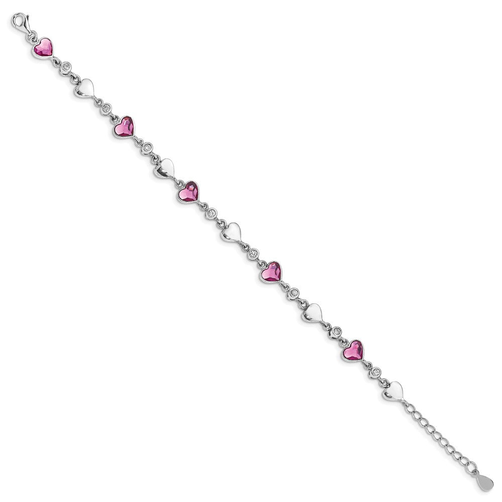 Sterling Silver RH Plated Clear & Pink Crystal Hearts w/1in ext Bracelet