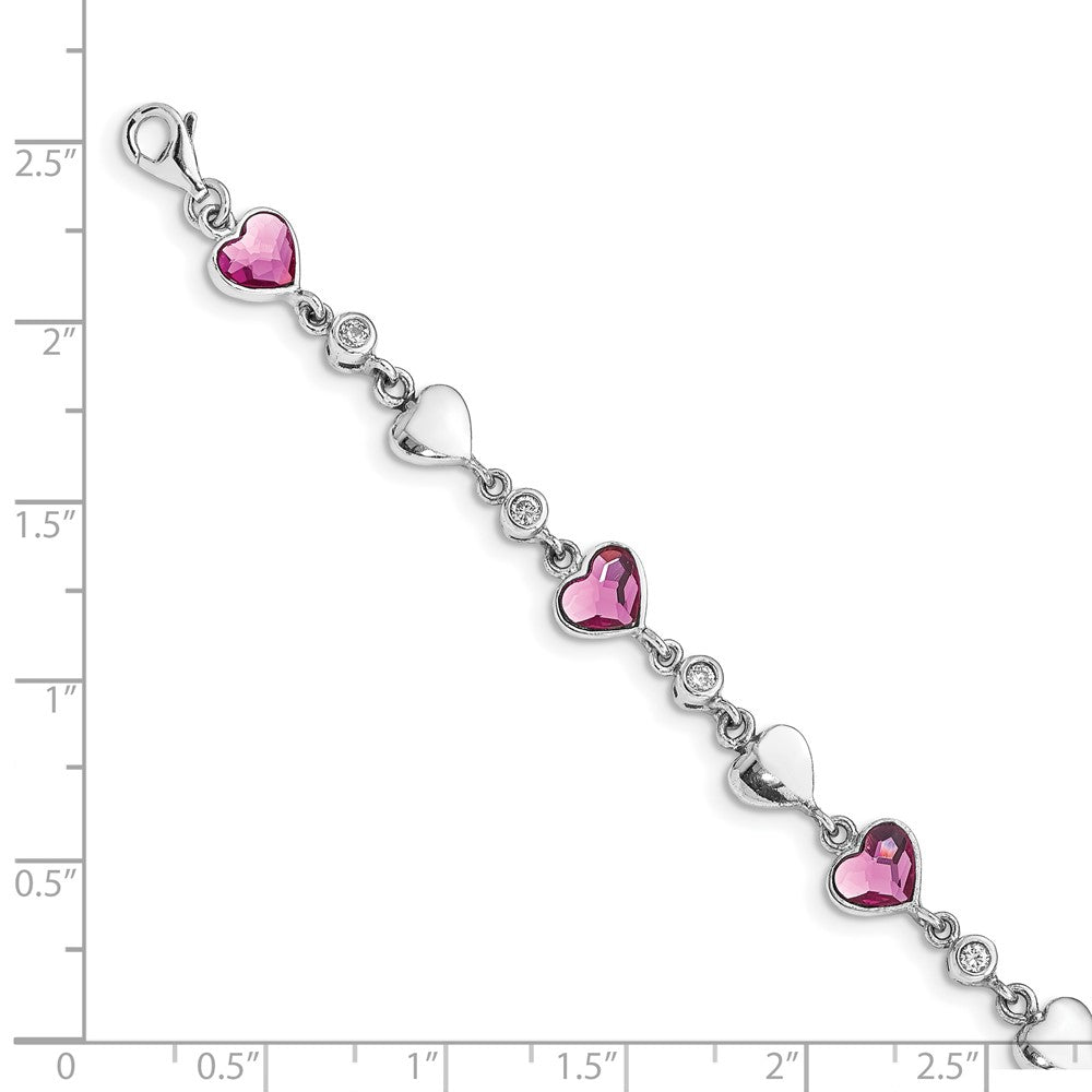 Sterling Silver RH Plated Clear & Pink Crystal Hearts w/1in ext Bracelet