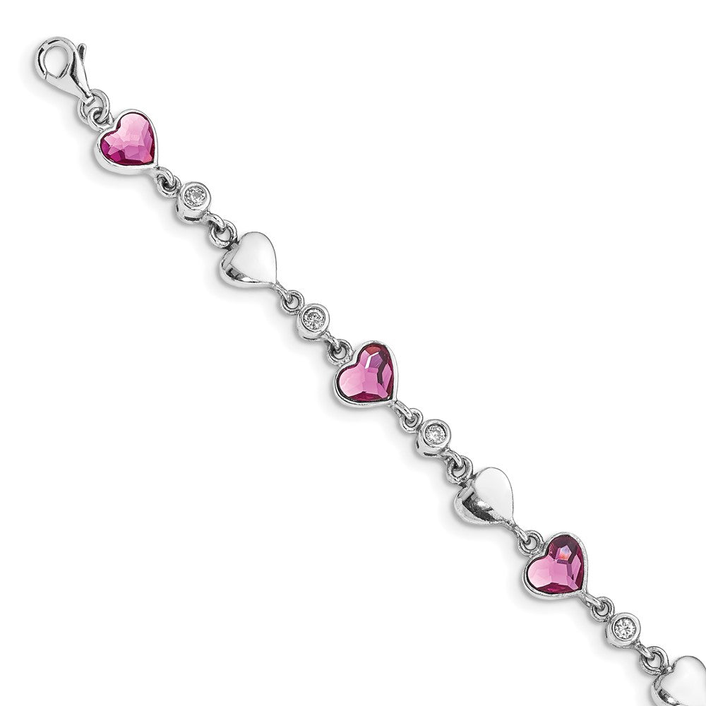Sterling Silver RH Plated Clear & Pink Crystal Hearts w/1in ext Bracelet