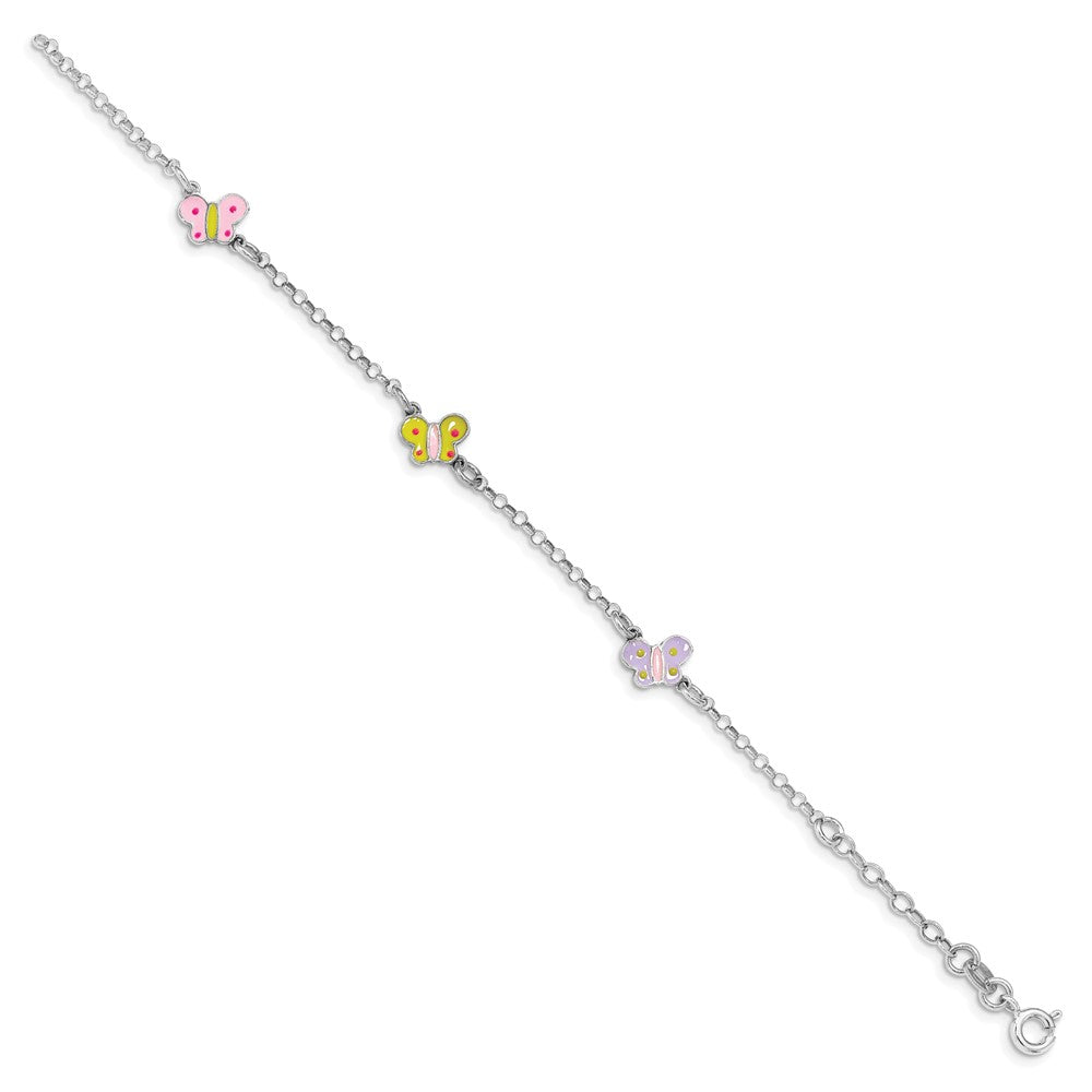 SS RH-plated Multi-color Enamel Butterflies 6.25in w/.75in ext Bracelet
