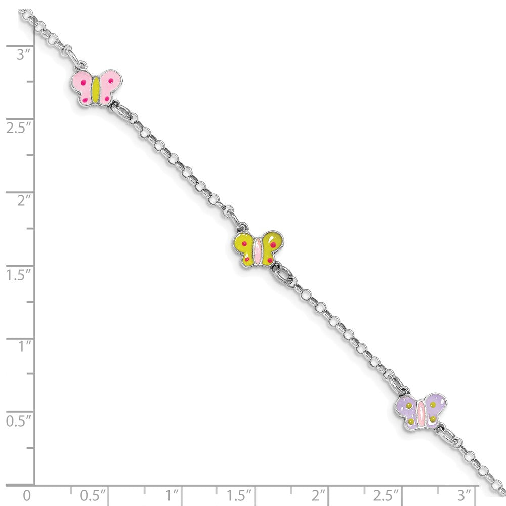 SS RH-plated Multi-color Enamel Butterflies 6.25in w/.75in ext Bracelet