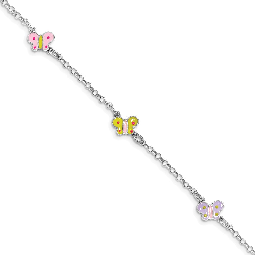 SS RH-plated Multi-color Enamel Butterflies 6.25in w/.75in ext Bracelet