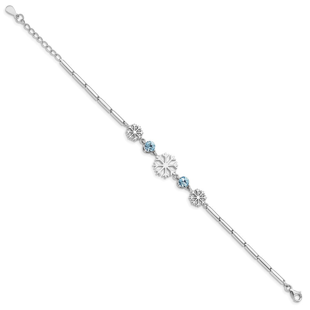 Sterling Silver RH-plated Blue/Clear Crystal Snowflake w/1in ext Bracelet