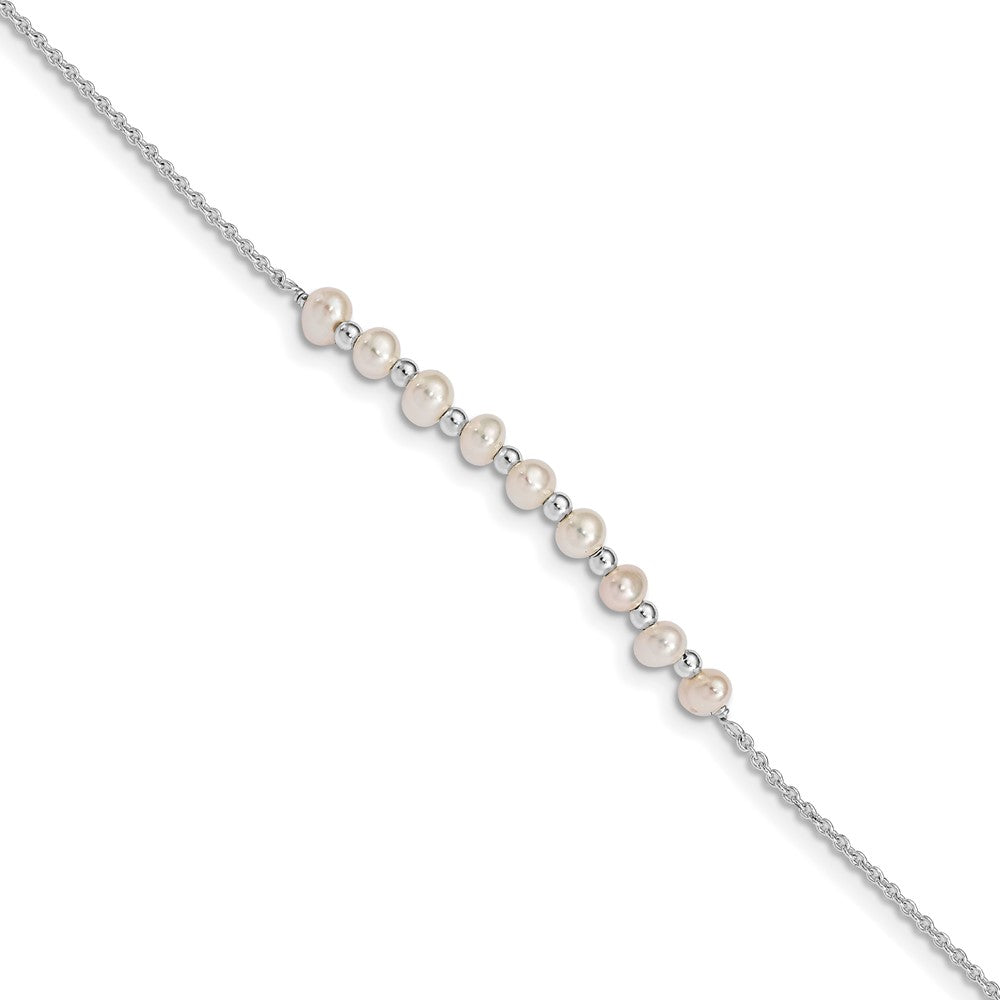 Sterling Silver White Semi-round Rh-plated Freshwater Cultured Pearl Bracel