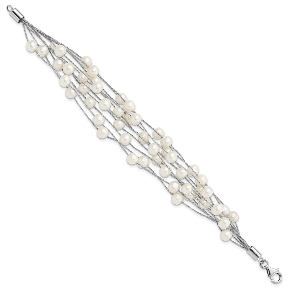 Sterling Silver Rhod-plat 5-6mm White FWC Pearl 10-rows Bracelet