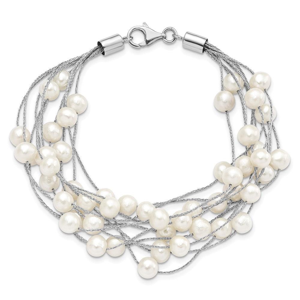 Sterling Silver Rhod-plat 5-6mm White FWC Pearl 10-rows Bracelet