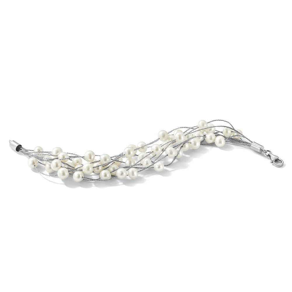 Sterling Silver Rhod-plat 5-6mm White FWC Pearl 10-rows Bracelet