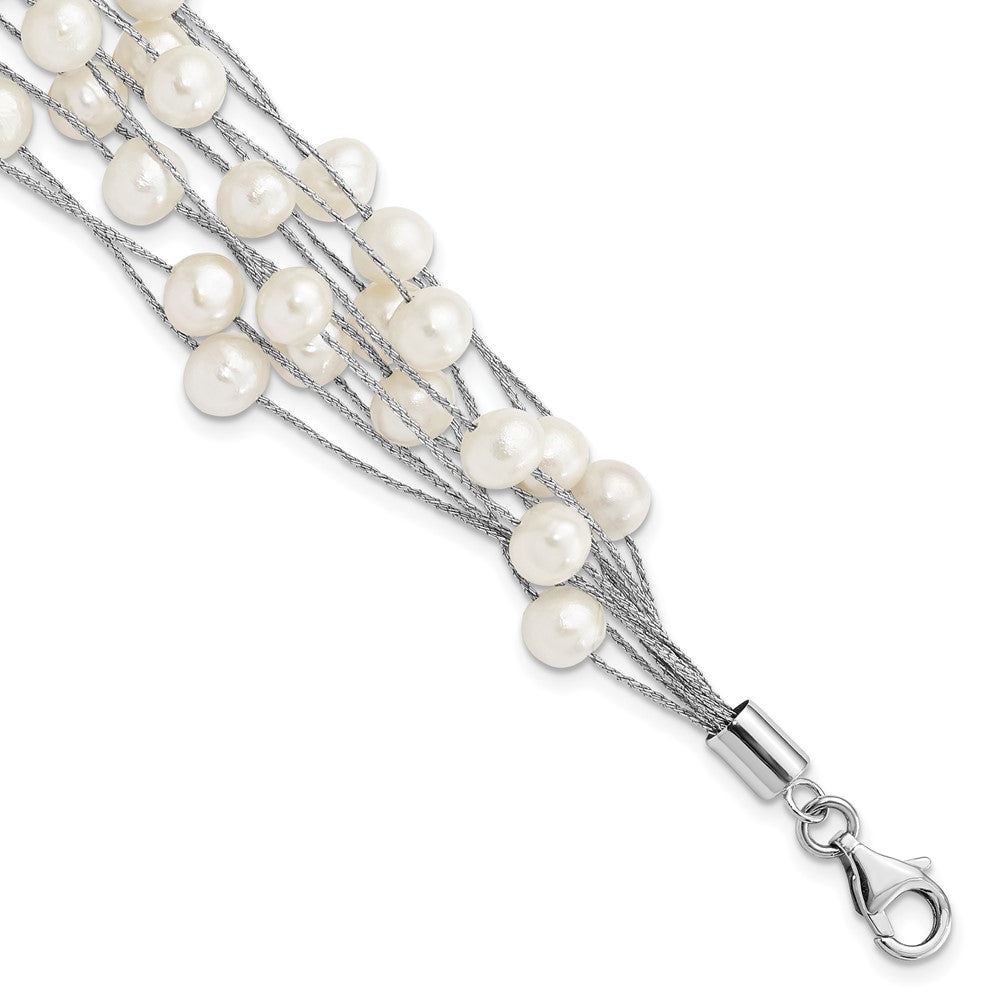 Sterling Silver Rhod-plat 5-6mm White FWC Pearl 10-rows Bracelet