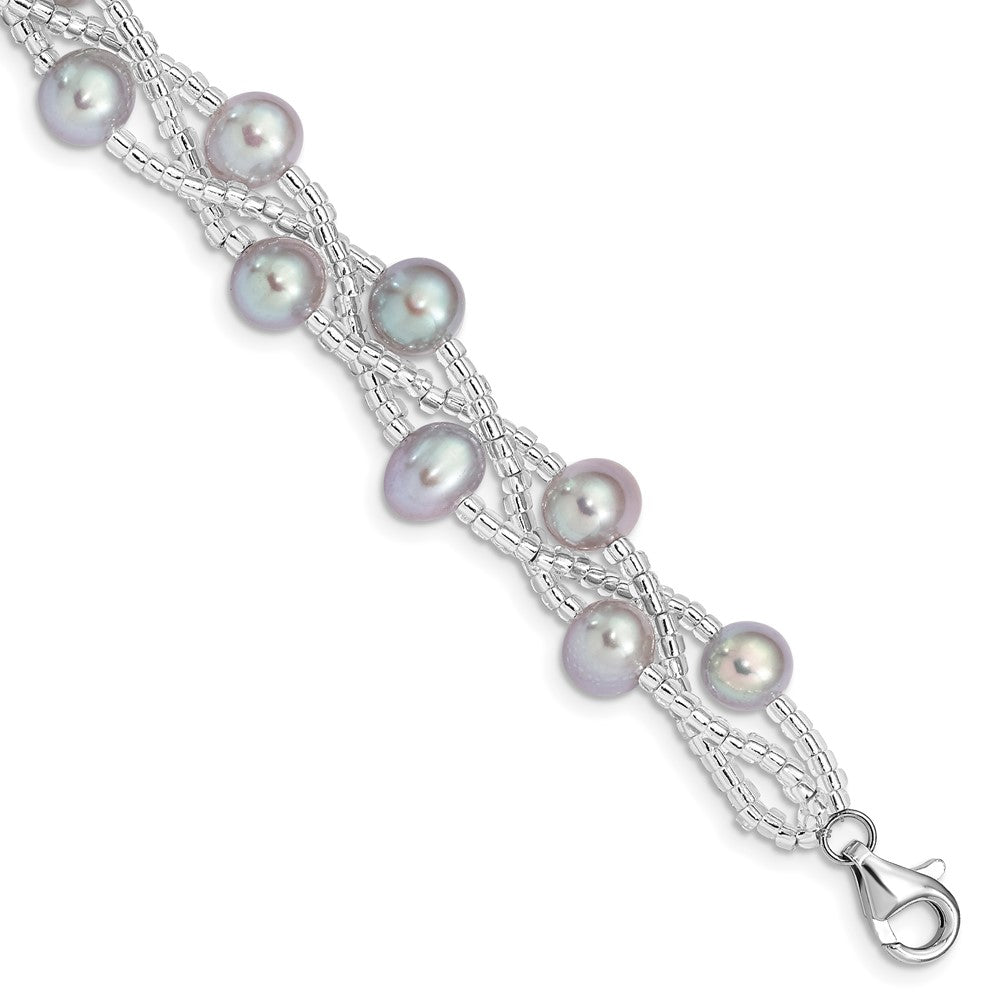 Sterling Silver Rhd-plt 7-9mm Grey FWC Pearl Glass Bead Bracelet