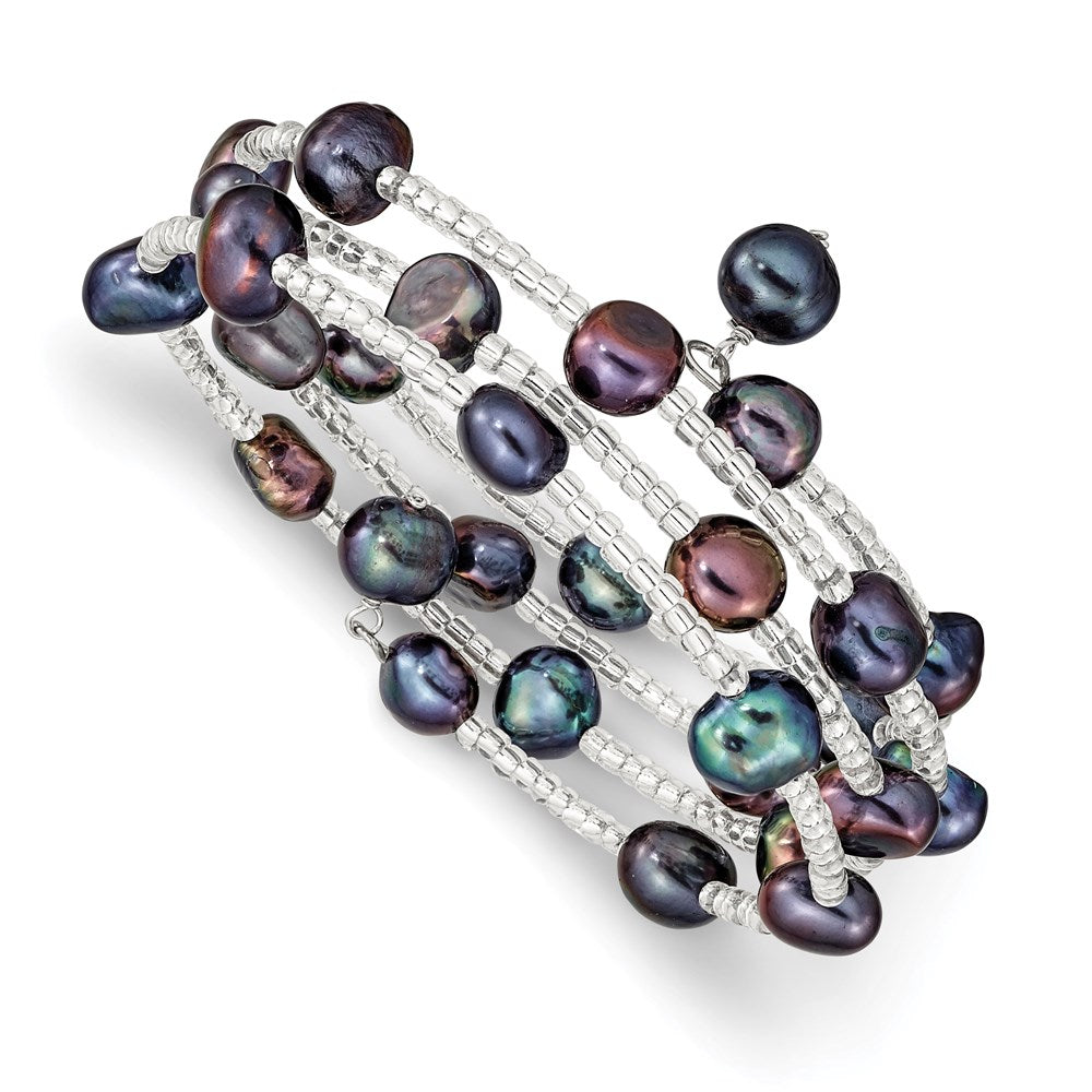 7-8mm Black Baroque FWC Pearl & Glass Beaded Coil Slip-on Bangle