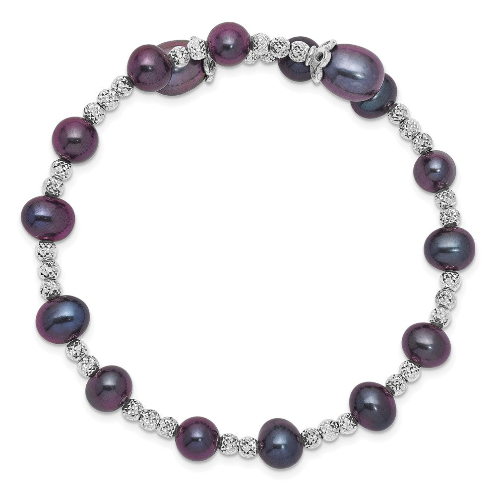Sterling Silver Rh-plated 6-7mm and 8mm Black FWC Pearl Coil Bangle