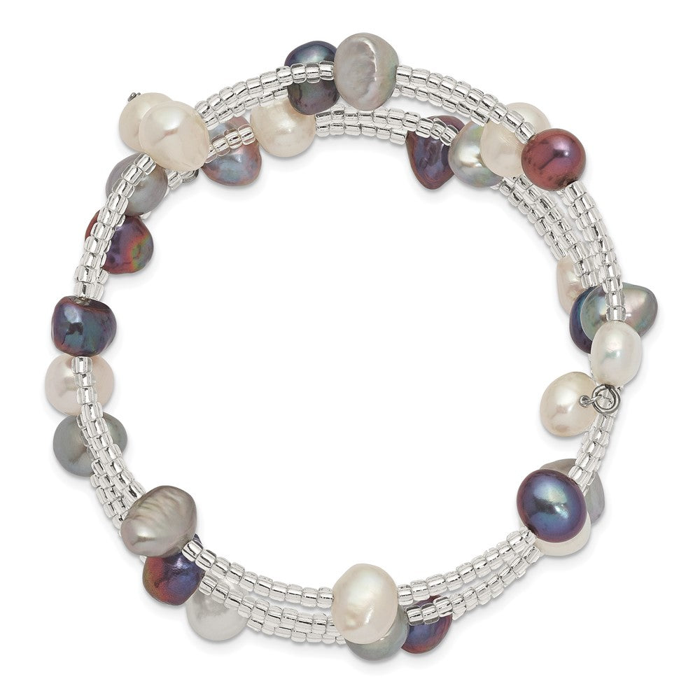7-8mm Blk/Gry/Wht Baroque FWC Pearl &Glass Beaded 3-row Coil Slip-on Bangle