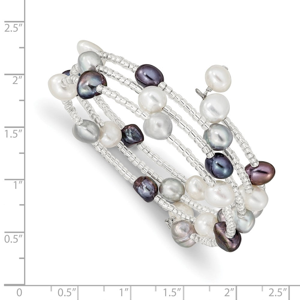 7-8mm Blk/Gry/Wht Baroque FWC Pearl &Glass Beaded 3-row Coil Slip-on Bangle