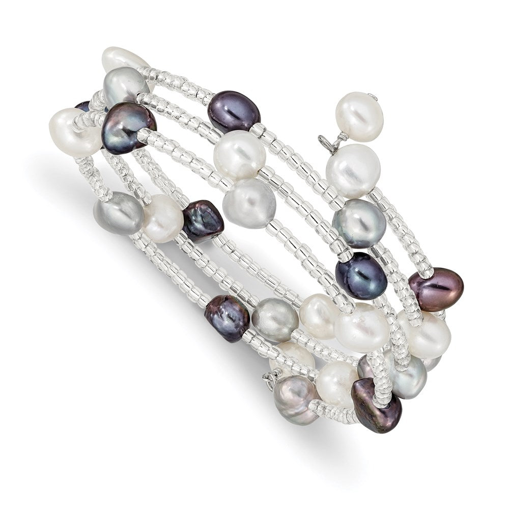 7-8mm Blk/Gry/Wht Baroque FWC Pearl &Glass Beaded 3-row Coil Slip-on Bangle