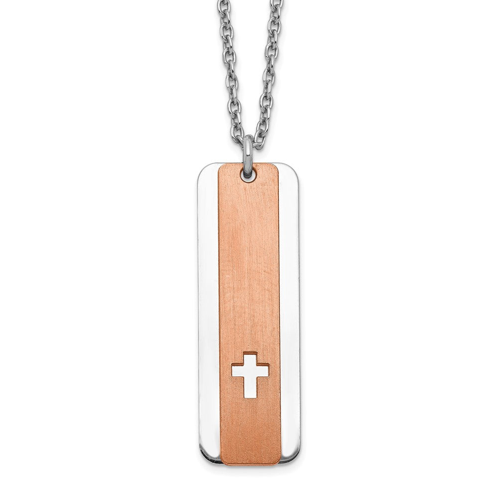 Sterling Silver RH-plated Dogtag w/Rose-tone Cross w/1.25in ext Necklace