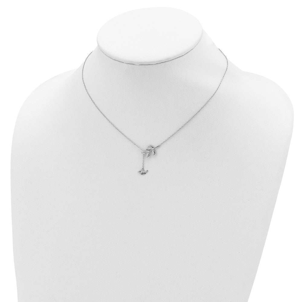 Sterling Silver Rhodium-plated Leaf and Bird w/ 2in ext. Necklace