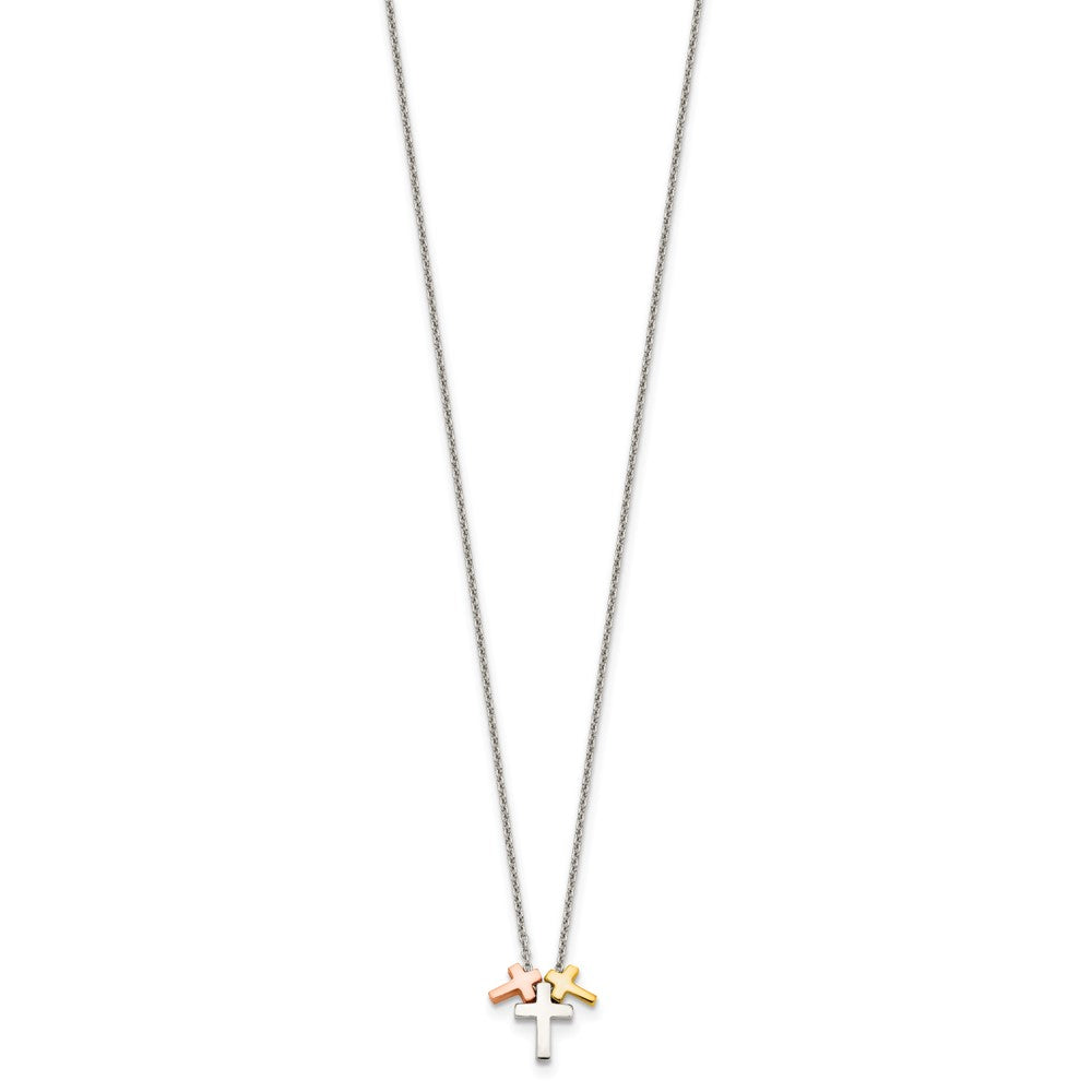 Sterling Silver Rose and Gold-plated 3-Cross w/ 2in ext. Necklace