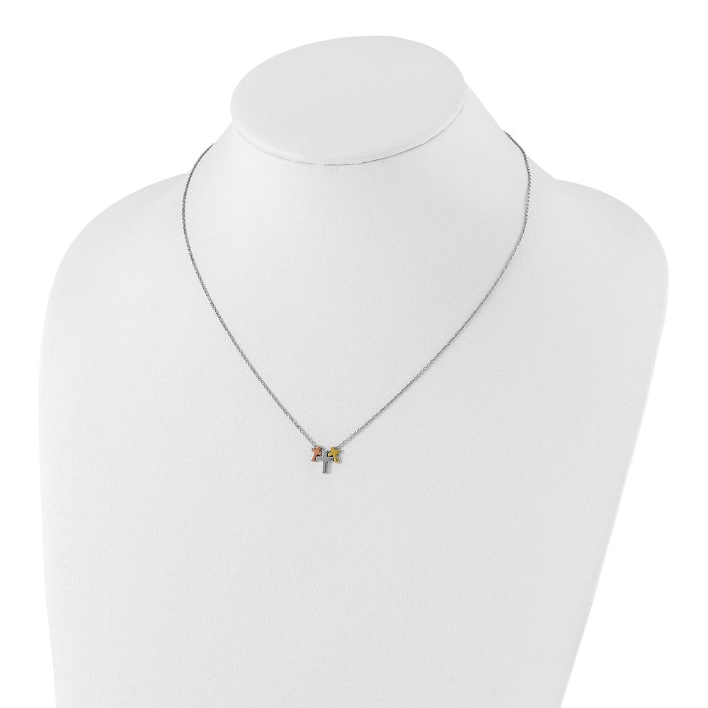 Sterling Silver Rose and Gold-plated 3-Cross w/ 2in ext. Necklace