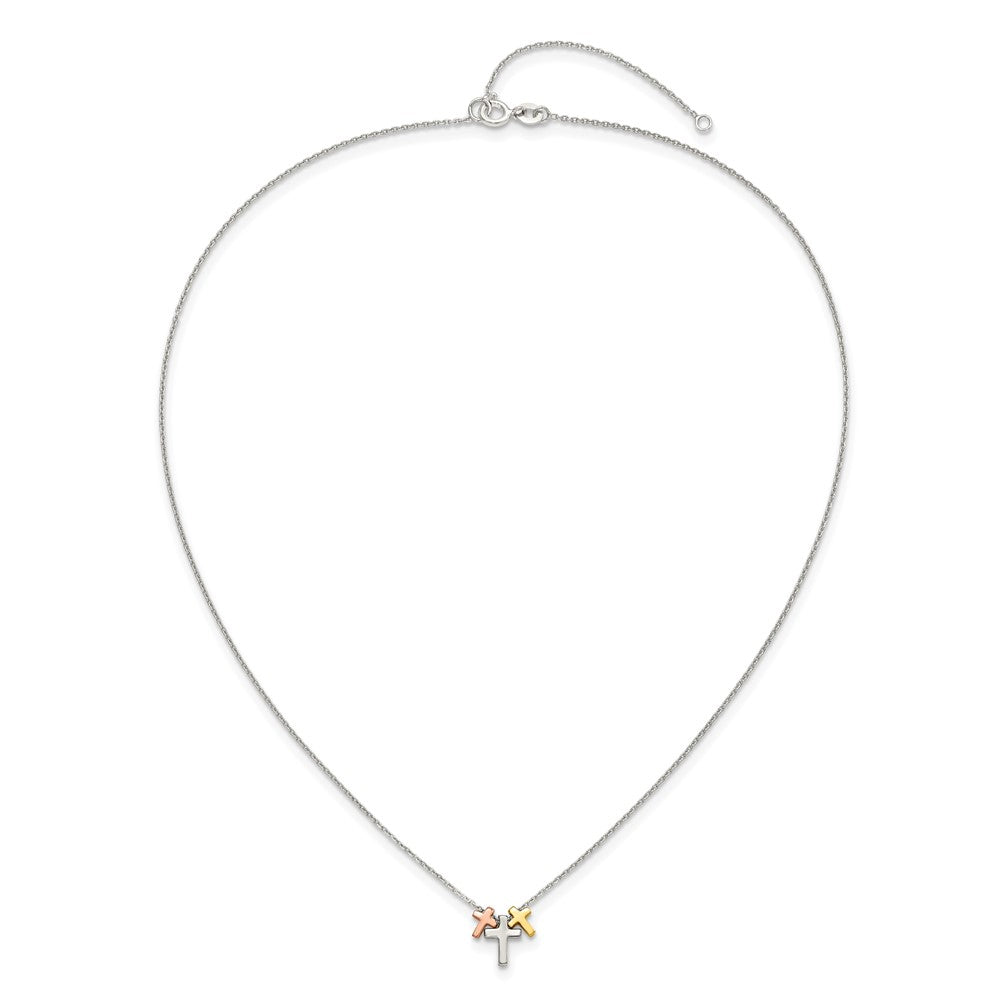 Sterling Silver Rose and Gold-plated 3-Cross w/ 2in ext. Necklace