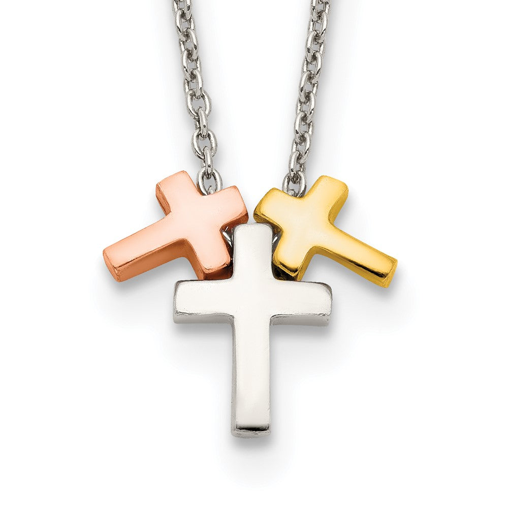 Sterling Silver Rose and Gold-plated 3-Cross w/ 2in ext. Necklace