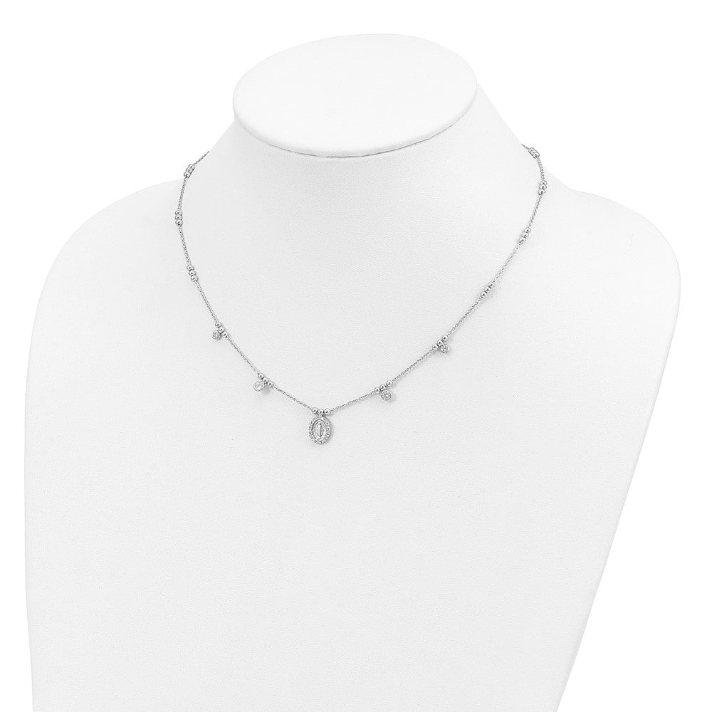 Sterling Silver RH-plated CZ Miraculous Medal w/1.5in ext. Necklace