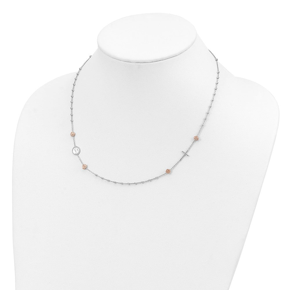 Sterling Silver RH-plated w/Rose-tone Religious 18in w/1in ext Necklace