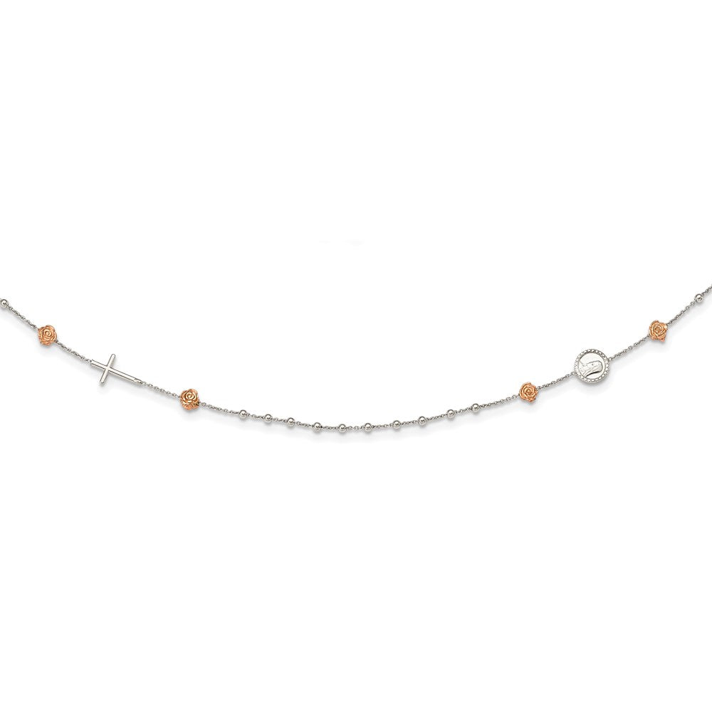 Sterling Silver RH-plated w/Rose-tone Religious 18in w/1in ext Necklace