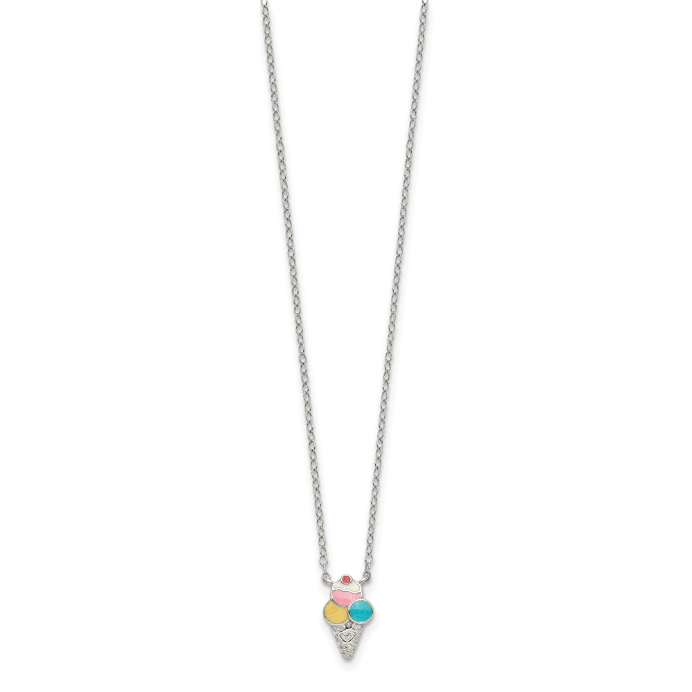 Sterling Silver Rhod-pltd Enamel Ice Cream Cone w/2in ext 16 Inch Necklace