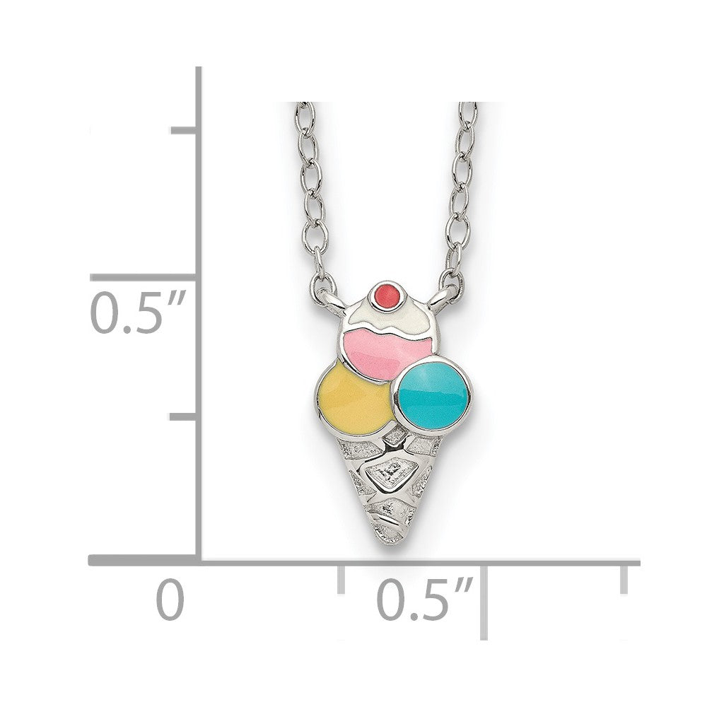 Sterling Silver Rhod-pltd Enamel Ice Cream Cone w/2in ext 16 Inch Necklace