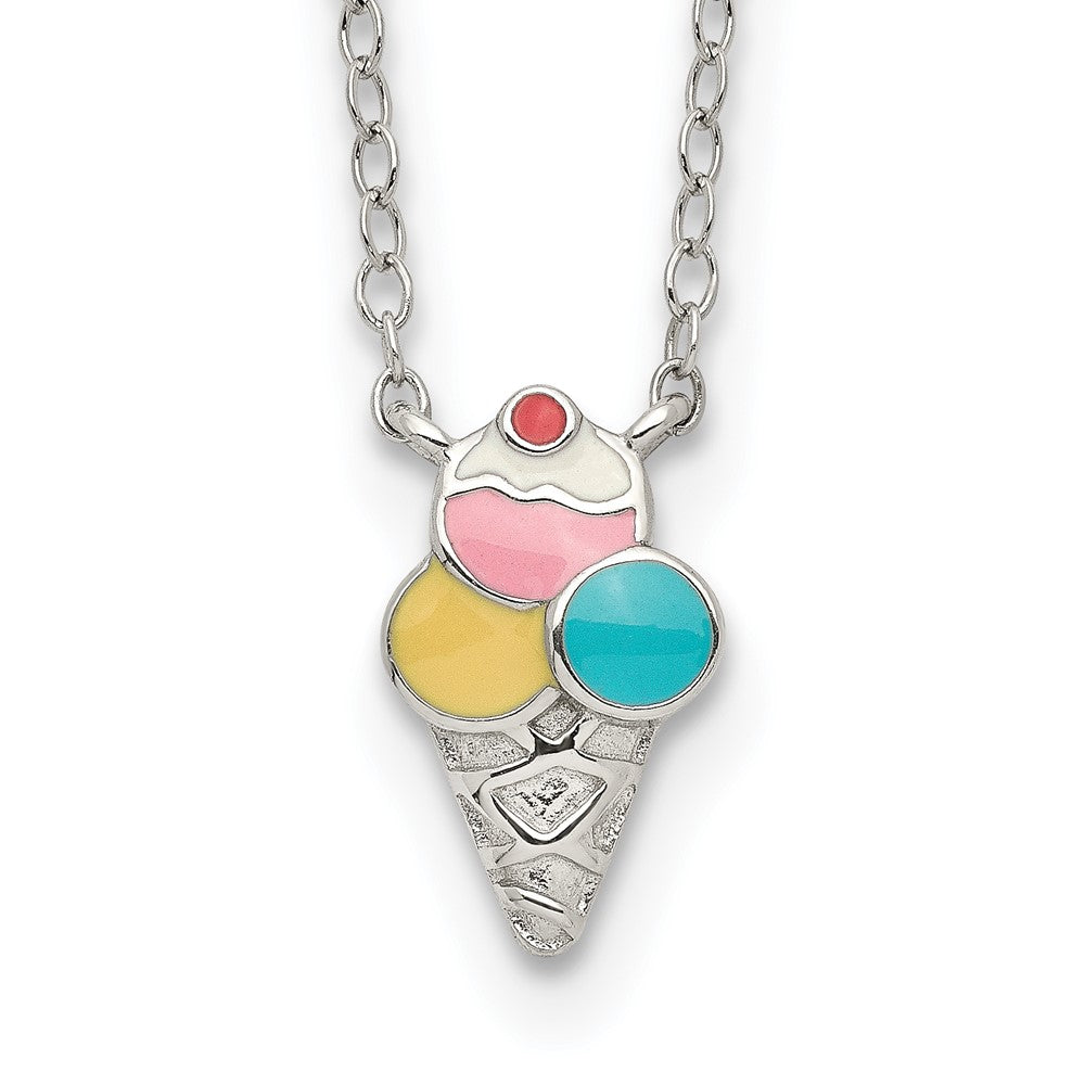 Sterling Silver Rhod-pltd Enamel Ice Cream Cone w/2in ext 16 Inch Necklace