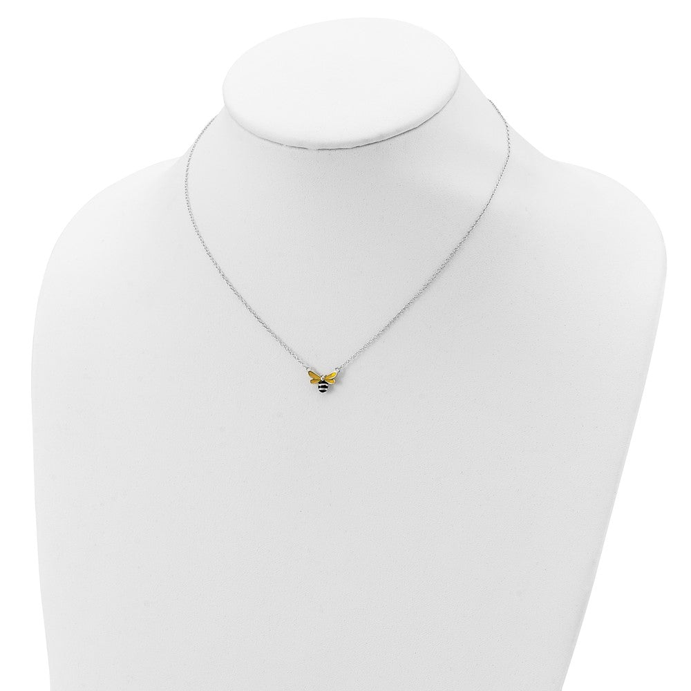 Sterling Silver RH-plated Enamel Bumblebee 16in w/2in Ext Necklace