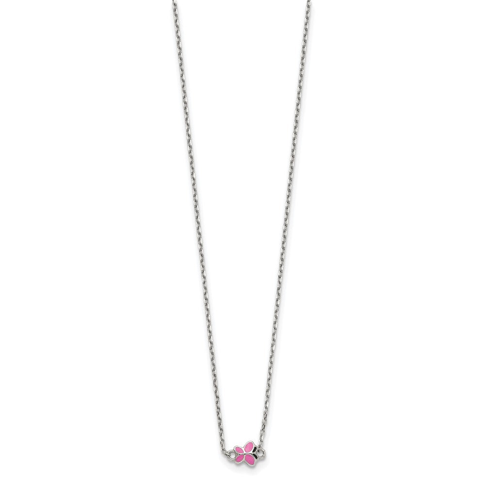 Sterling Silver RH-pltd Pink Enamel Butterfly w/2in ext Childs Necklace