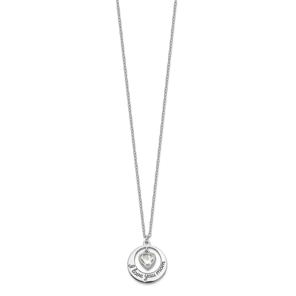 Sterling Silver Rhod-pltd CZ Heart LOVE YOU MOM w/2in ext Necklace